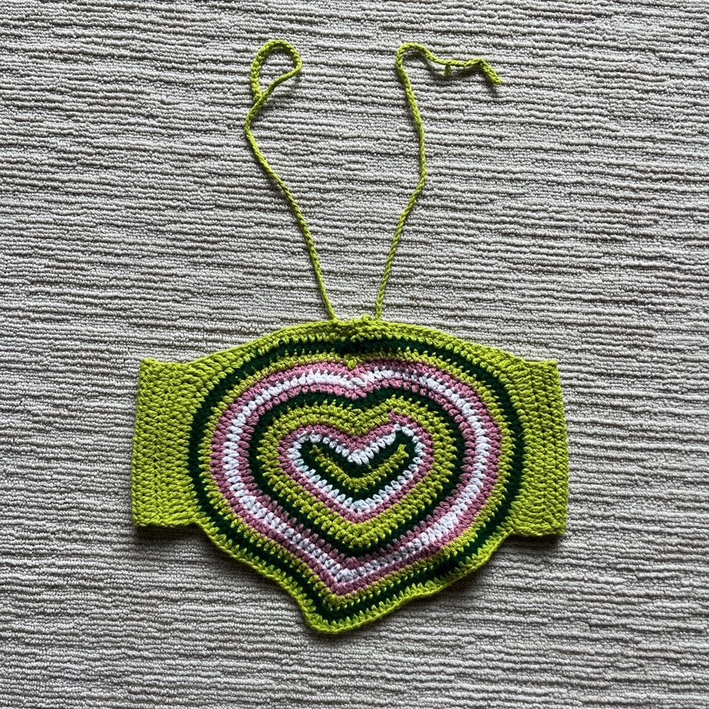 Green and pink heart crochet halter tube top